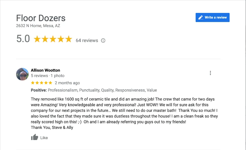 Our many satisfied clients love leaving reviews of our flooring removal service.